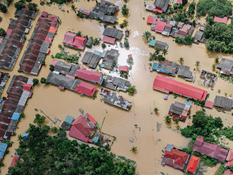 Flooded homes during a natural disaster